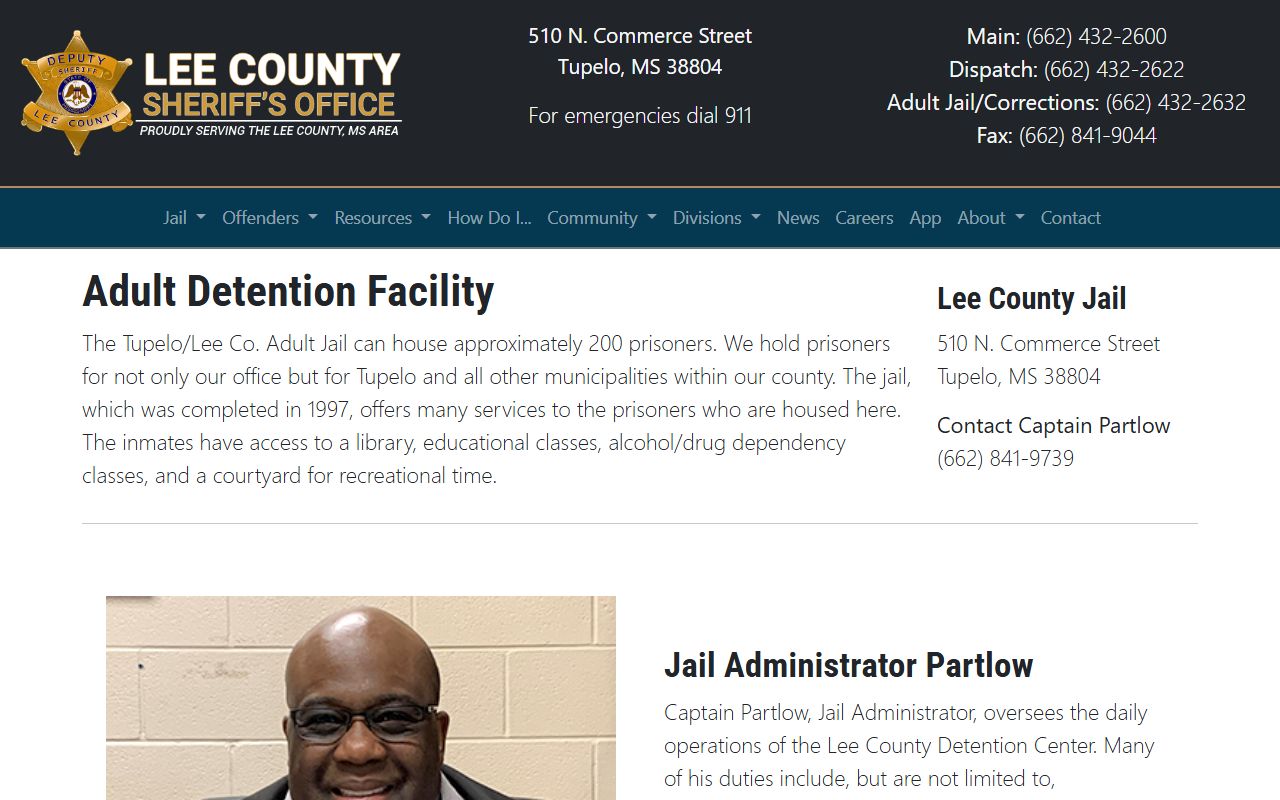 Lee County Adult Detention Center sheriff page showing capacity and jail program information