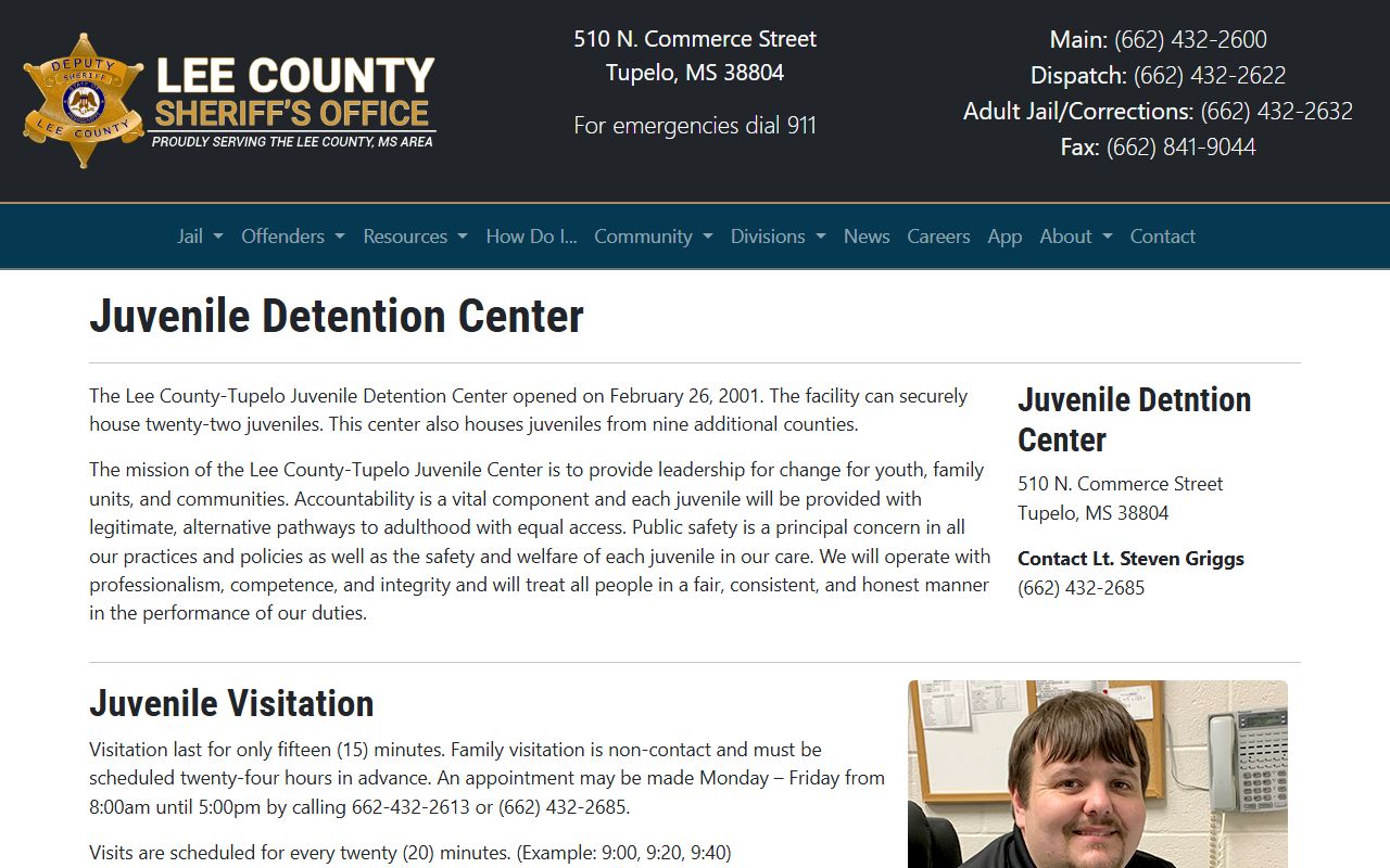 Lee County-Tupelo Juvenile Detention Center page showing capacity, visitation, mail, phone, and programs