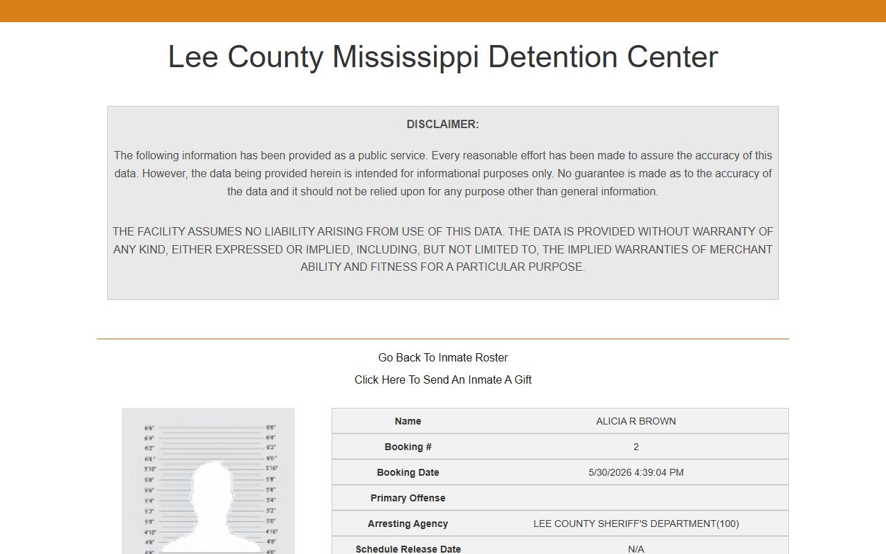 Lee County inmate records sample inmate profile with booking fields